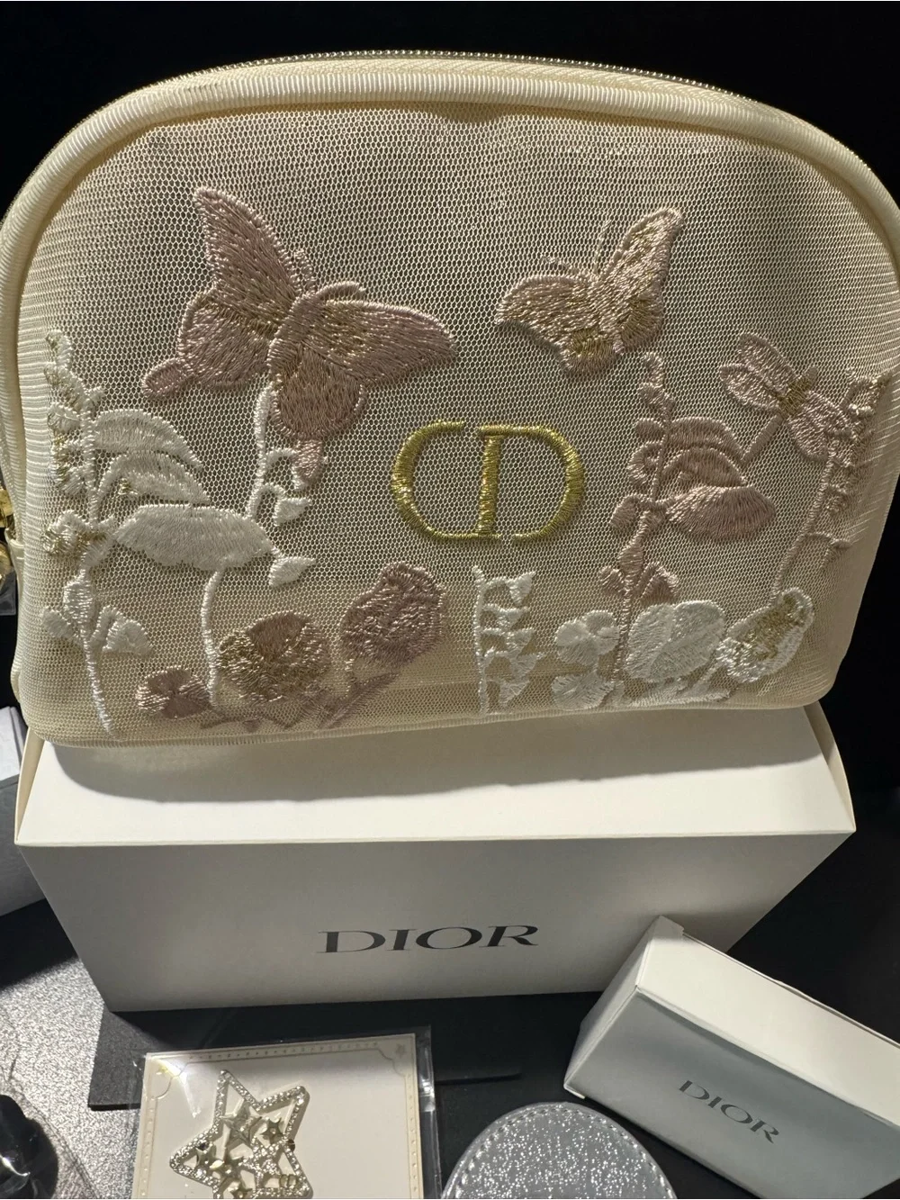 Dior Beauty Pouch with Light Pink&Black Satin Scrunchie & Starclips & Mirror